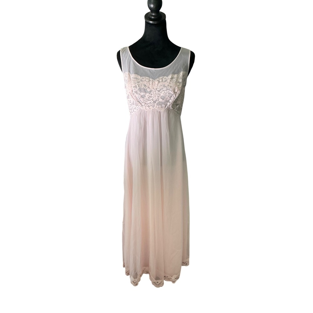 Vintage Pink Lace Shadowline Nightgown and Robe Set Small Sheer Maxi Peignoir